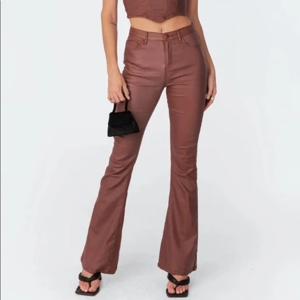 Edikted Luna Faux Leather Flare Leg Pants Size Small